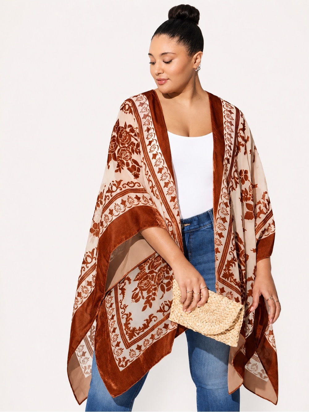 torrid Cream and Rust Floral Velvet-Trim Kimono Robe